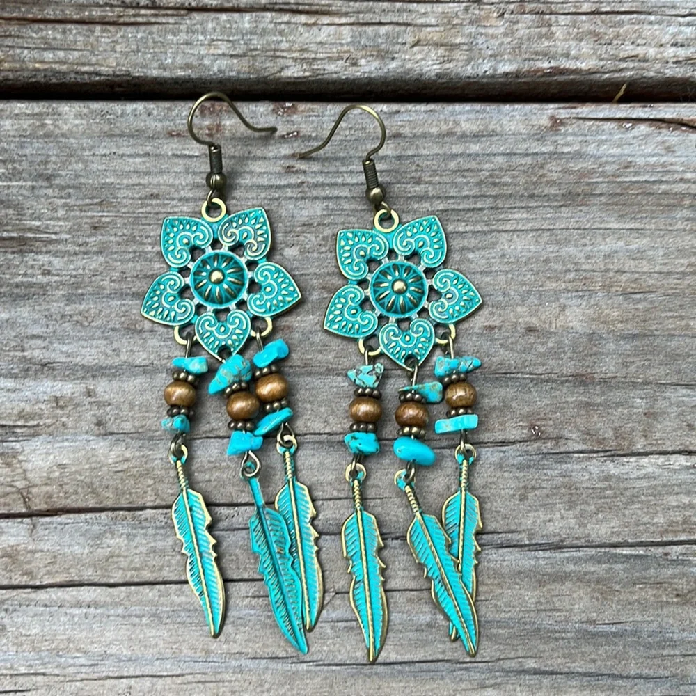 Boho Gypsy Stamped Metal Patina Drop Earrings - Picture 13 of 13